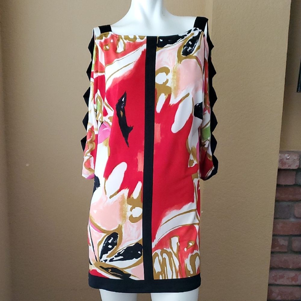 🆕️ EVA VARRO Colorful Abstract Print Dolman Cut Out ¾ Sleeve Tunic Top SIZE: S